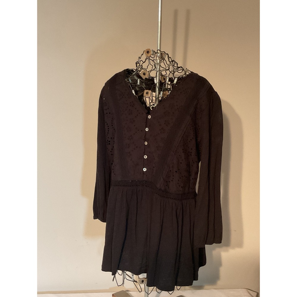 Cato Black Eyelet Embroidered Cotton Babydoll Peplum Top Long‎ Sleeve Womens M